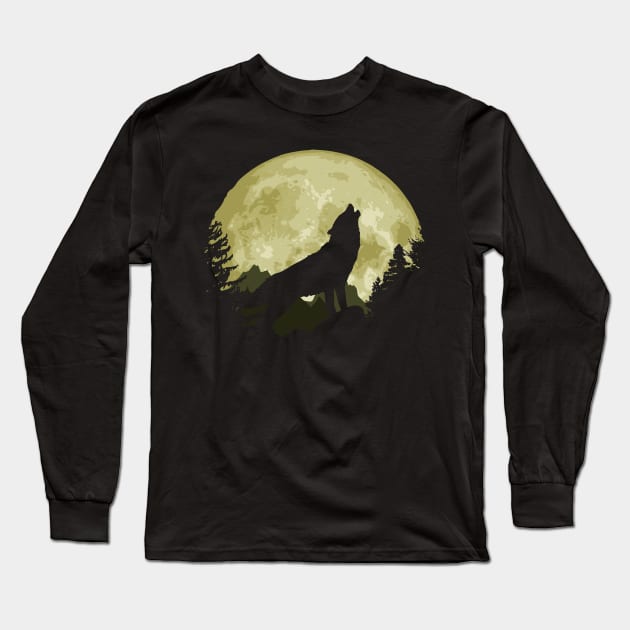 Wolf And Epic Full Moon Long Sleeve T-Shirt by Nerd_art